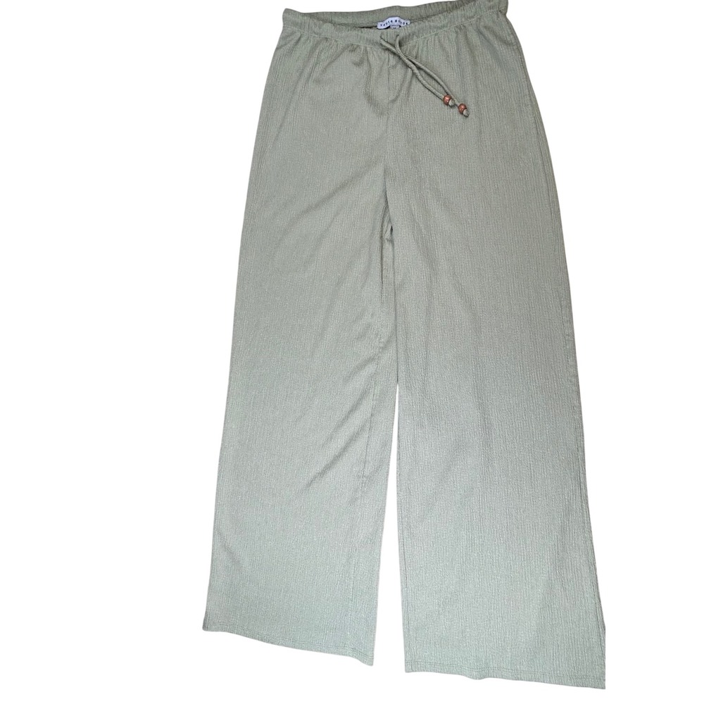 Haute Monde Sage Green Textured Wide Leg Pants Wood Bead Drawstring HMP40942 M
